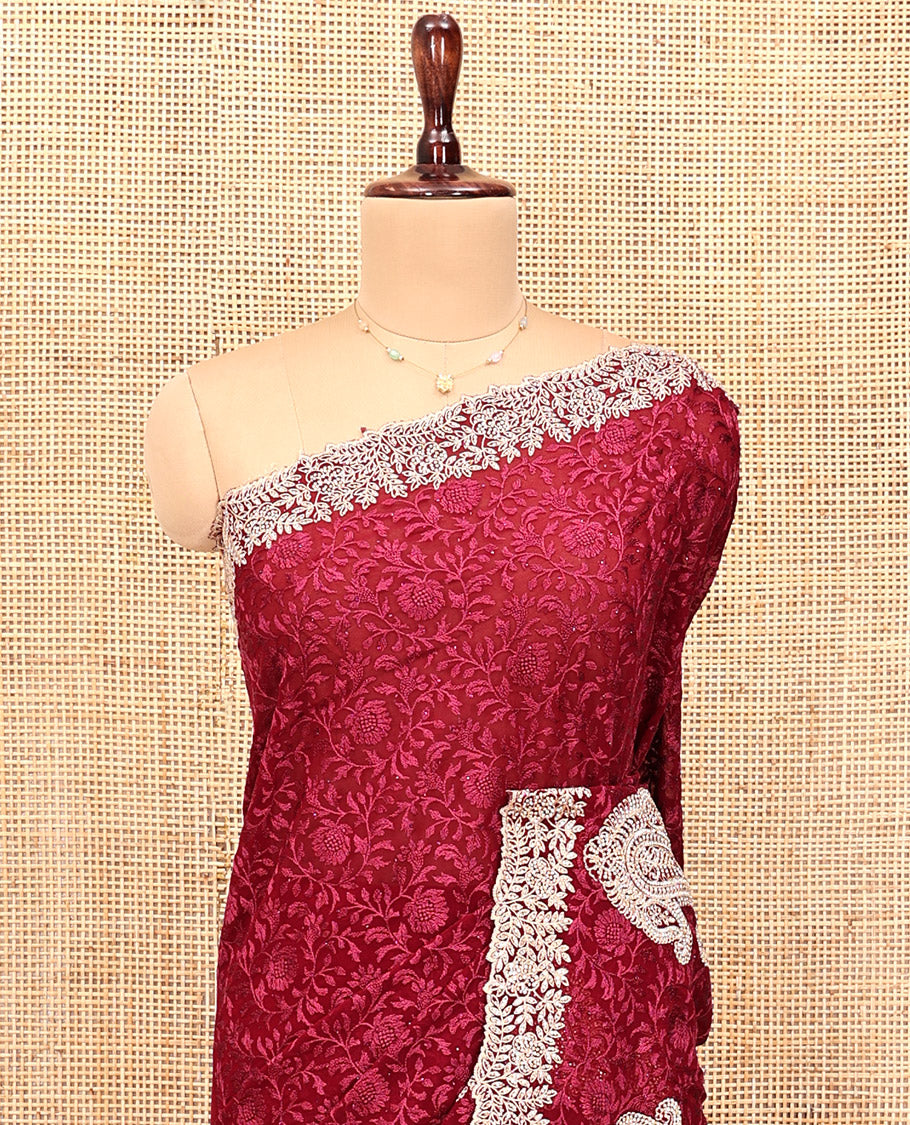 Red Designer Saree, Enthralled with Floral Vine Embroidery, a Scallop Embroidered Border, and a Matching Blouse