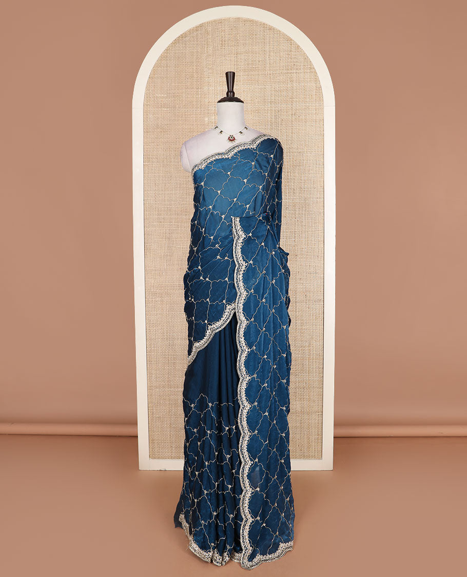 Navy blue ogee patterns kardana embroidered designer saree, stone embroidered scallop border