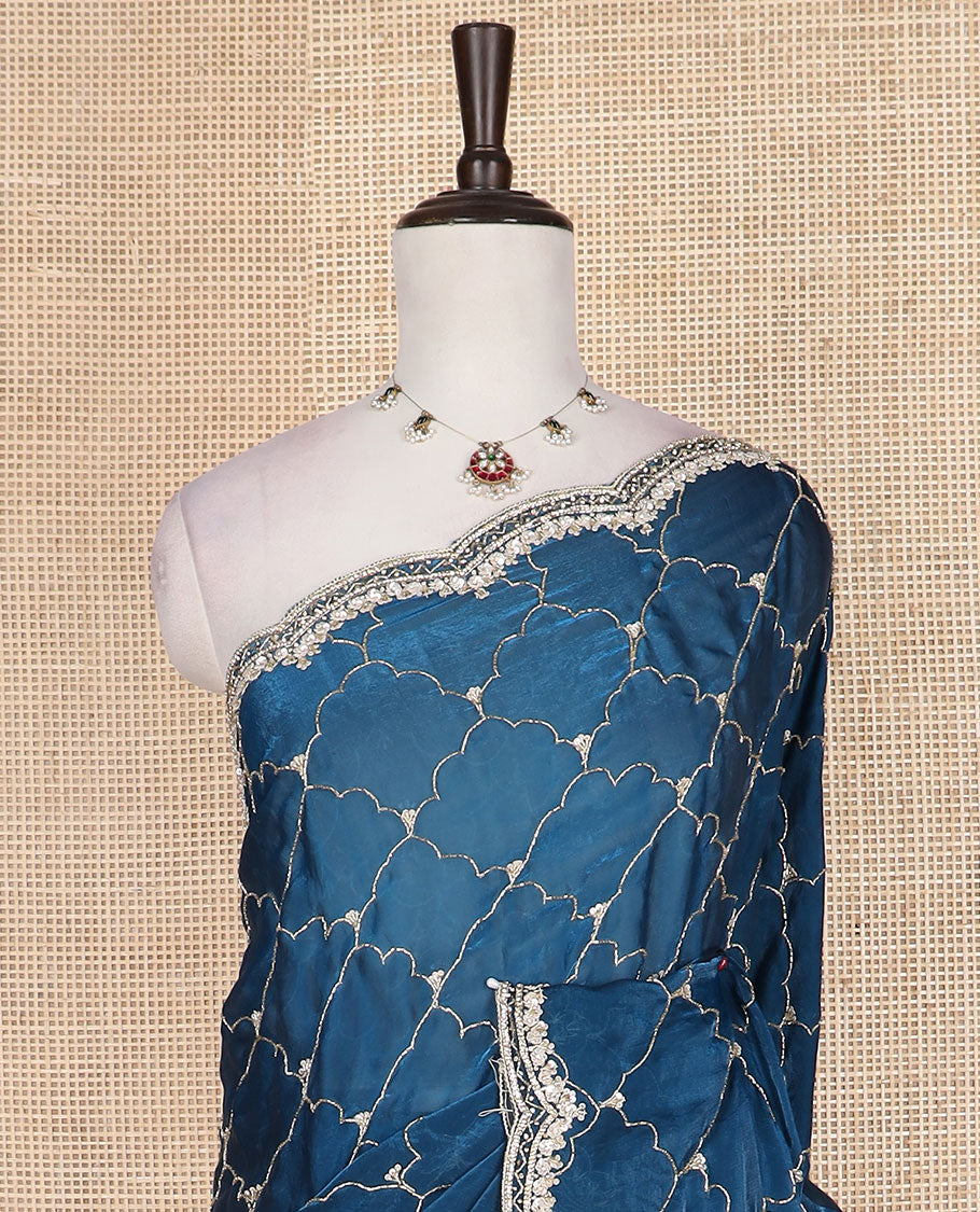 Navy blue ogee patterns kardana embroidered designer saree, stone embroidered scallop border