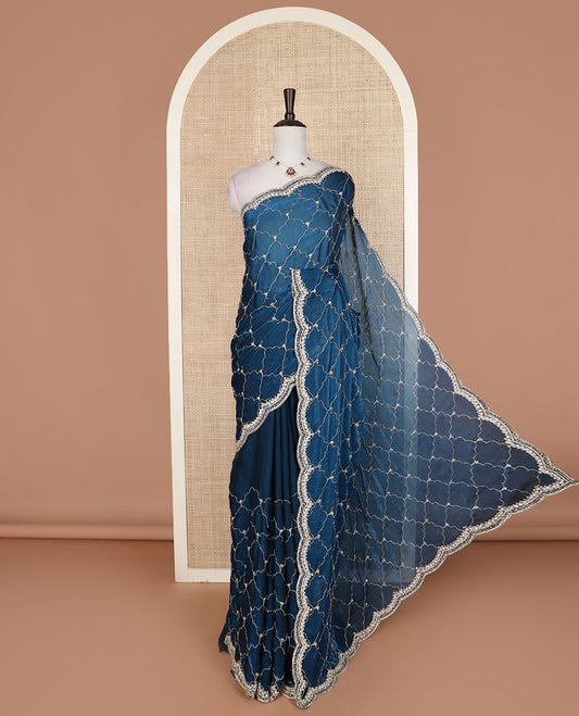 Navy blue ogee patterns kardana embroidered designer saree, stone embroidered scallop border
