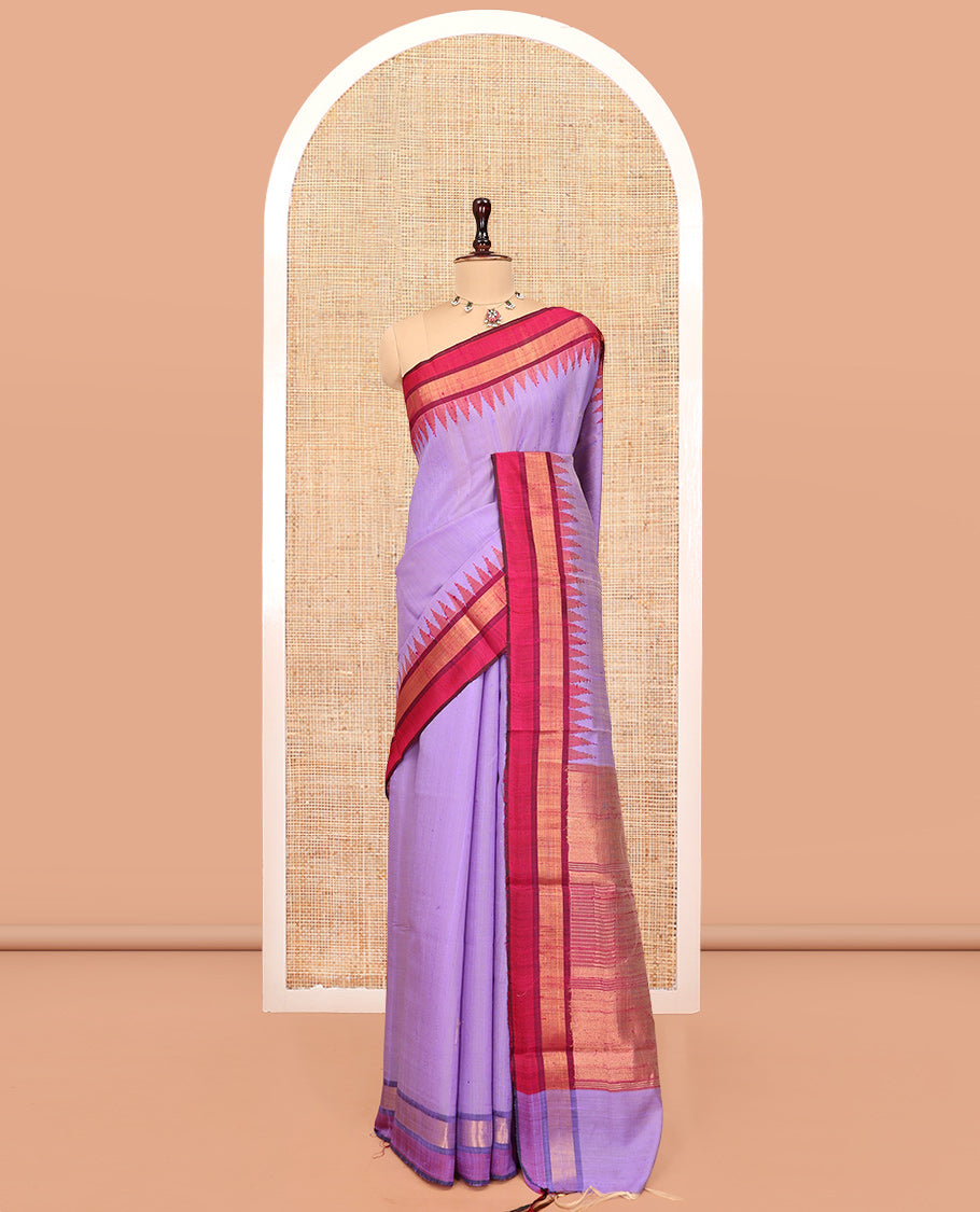 Lavender Dupion Silk Saree, Subtly Woven with Buttas, Complemented by Contrast Zari Border, Temple Pallu, and a Contrast Blouse