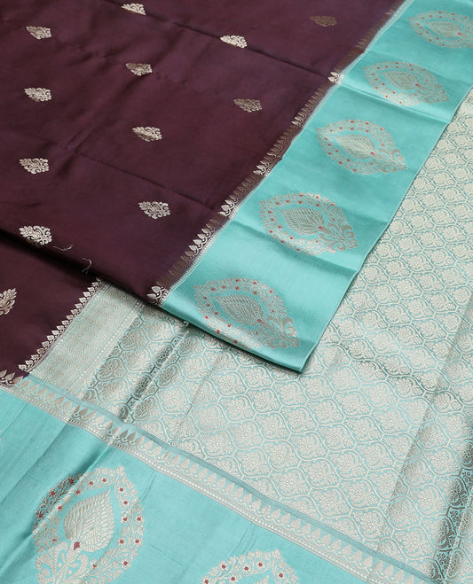 Brown  floral motifs raw mango silk saree with contrast floral design border & jaal design pallu