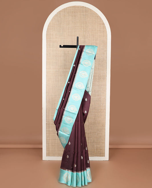 Brown  floral motifs raw mango silk saree with contrast floral design border & jaal design pallu