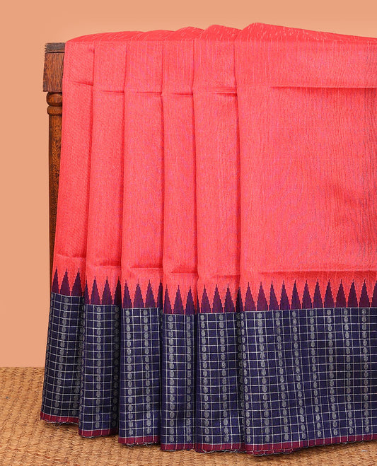 Pink plain dupion saree, contrast butta enclosed checked temple border, and buttas woven pallu