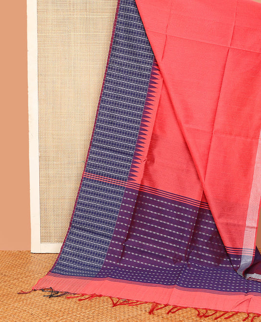 Pink plain dupion saree, contrast butta enclosed checked temple border, and buttas woven pallu