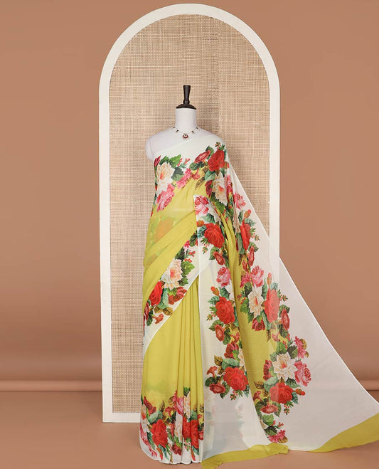Yellow georgette saree with contrast floral design border