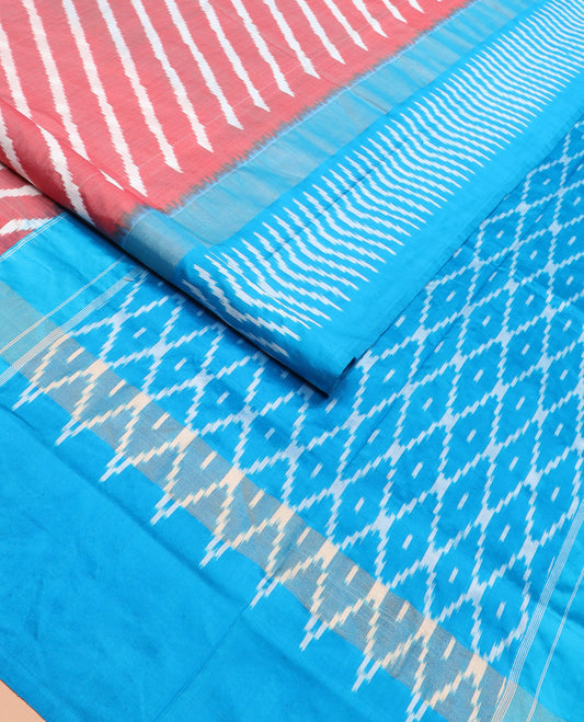 Pink Ikkat Silk Saree Features Lehariya Stripes in Ikkat Weave, Complemented by a Contrast Ikkat Textured Border, Subtly Woven Pallu of Jaal Design, and a Contrast Plain Blouse