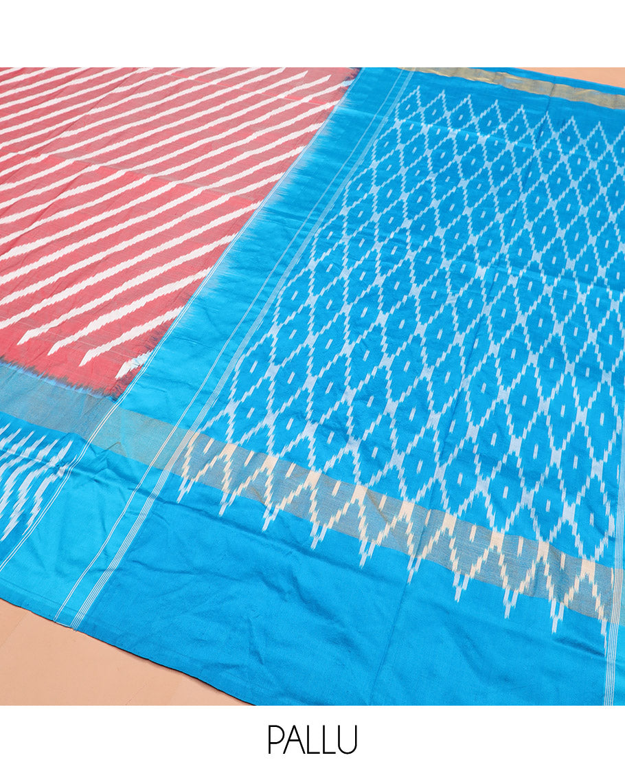 Pink Ikkat Silk Saree Features Lehariya Stripes in Ikkat Weave, Complemented by a Contrast Ikkat Textured Border, Subtly Woven Pallu of Jaal Design, and a Contrast Plain Blouse