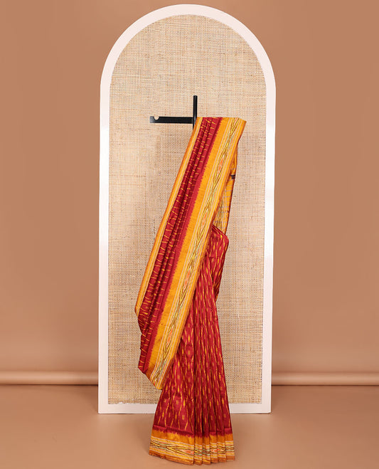 Red ikkat saree with unique buttas, contrast ikkat border & pallu of ikkat designs