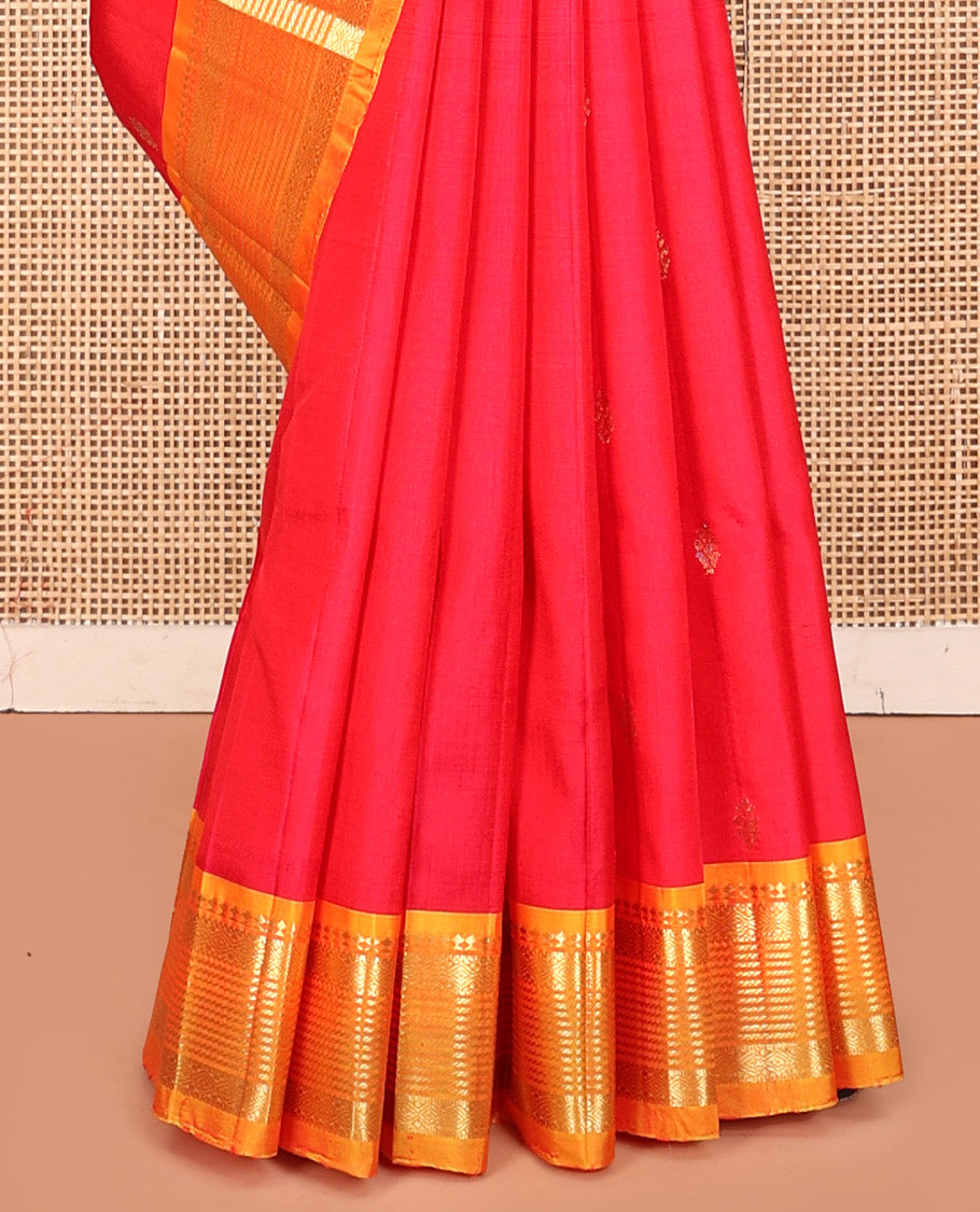 Red Kanchipuram Silk Saree, Decked Up with Buttas, a Contrast One-Sided Traditional Zari Border, Zari-Woven Pallu, and No Blouse
