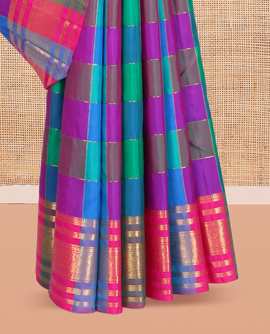Multi-Color Palum Pazhamum Kattam Kanchipuram Silk Saree Features Mayil-Chakram Buttas, a Traditional Zari Border, Grand Jaal Pallu, and Contrast Blouse