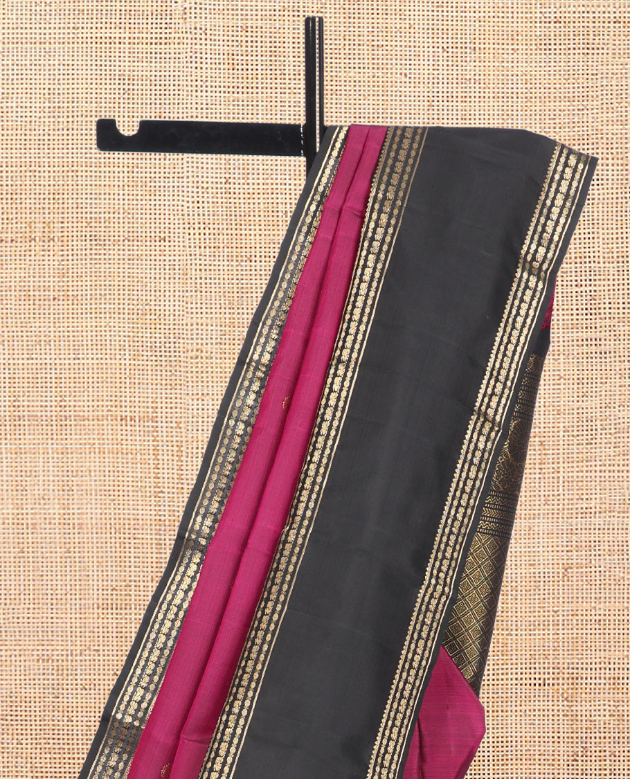 Wine Kanchipuram Silk Saree, Finely Crafted with Mayil-Chakram Buttas, Complemented by Contrast Rettai Pettu Border of Rekku, Rudraksham, and Mayil Designs, Jaal Pallu, and Contrast Blouse