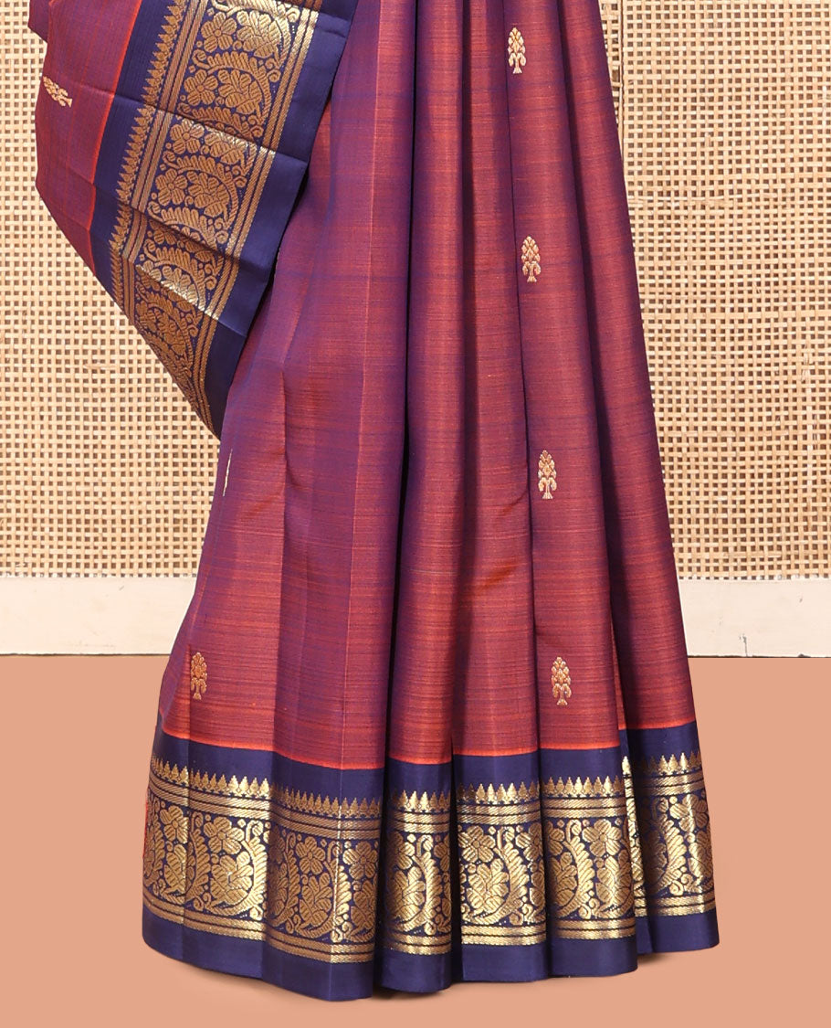 Red Kanchipuram Silk Saree, Woven with Zari Buttas, a Contrast One-Sided Border of Thilakam Mokku and Floral Designs, a Zari Design Pallu, and No Blouse