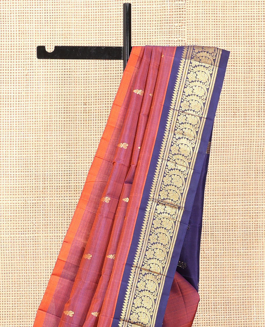 Red Kanchipuram Silk Saree, Woven with Zari Buttas, a Contrast One-Sided Border of Thilakam Mokku and Floral Designs, a Zari Design Pallu, and No Blouse