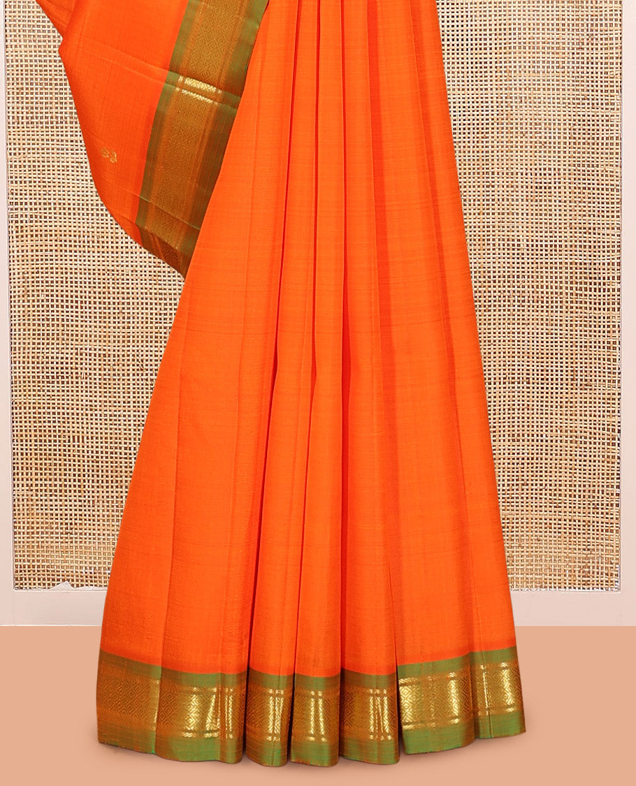 Orange Kanchipuram Silk Saree, Detailed with Zari Buttas, Complemented by a Contrast Border of Banaras and Mayil Kann Design, Pallu of Zari Design, and No Blouse