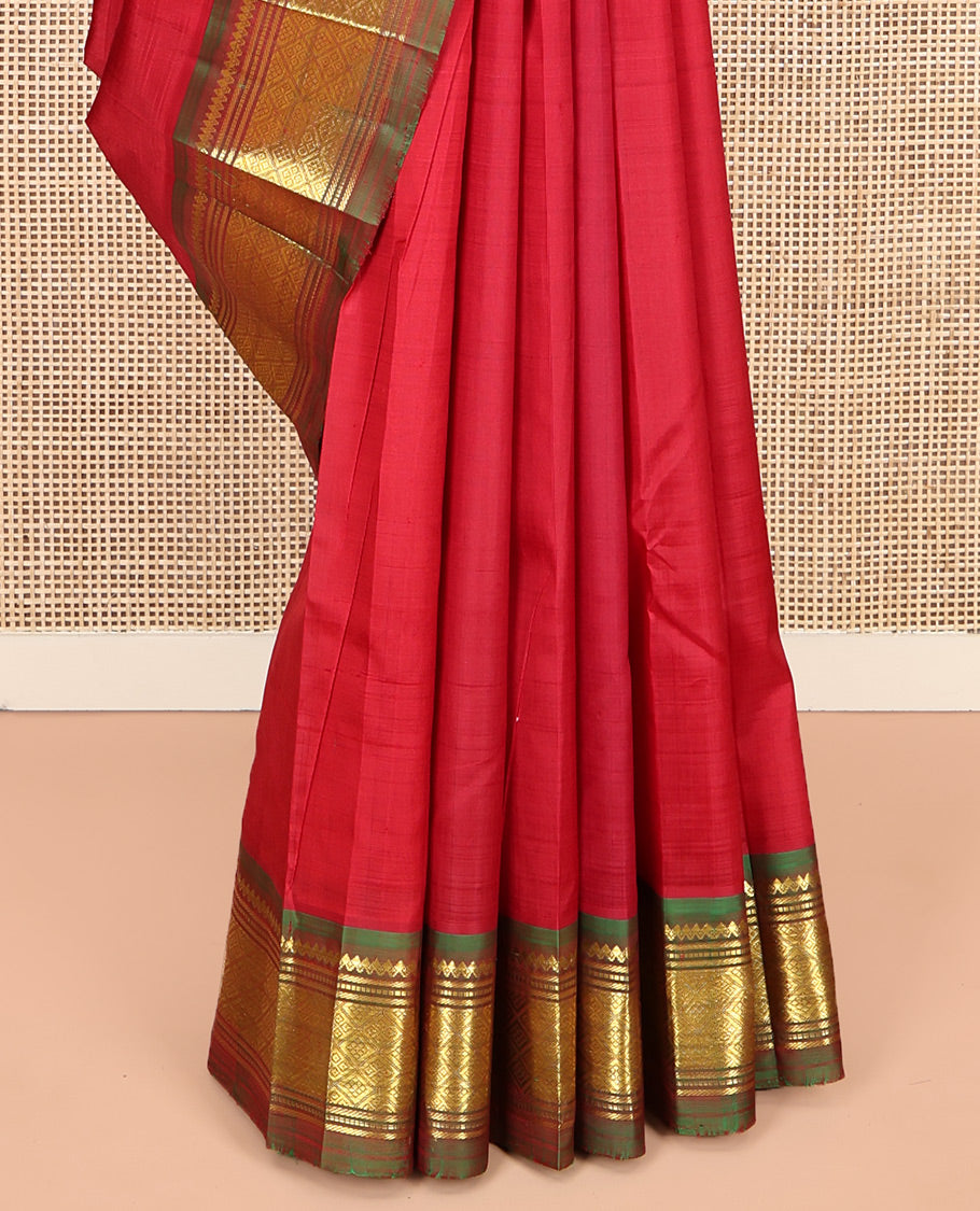 Red Kanchipuram Silk Saree, Woven with Zari Buttas, Complemented by Contrast One-Sided Border of Salngai, Banaras, Muthu, and Jaal Designs, Zari Design Pallu, and No Blouse