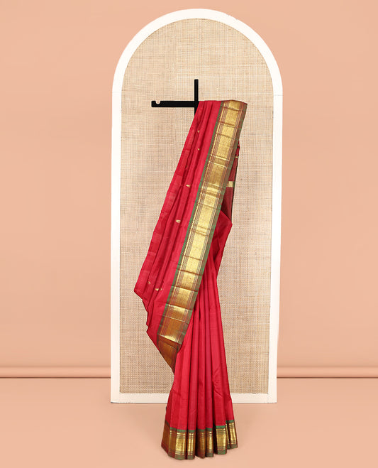 Red Kanchipuram Silk Saree, Woven with Zari Buttas, Complemented by Contrast One-Sided Border of Salngai, Banaras, Muthu, and Jaal Designs, Zari Design Pallu, and No Blouse