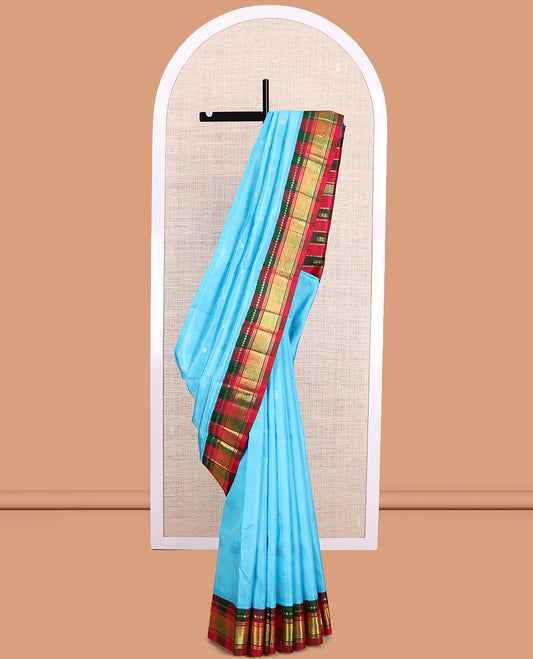 Blue Kanchipuram Silk Saree, Subtly Woven with Zari Buttas, a Contrast Korvai One-Sided Border of Rekku, Banaras, Muthu, and Jaal Design, Zari Design Pallu, and No Blouse