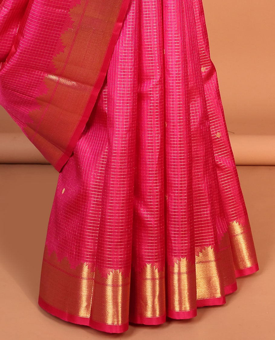 Pink checked with floral buttas kancheepuram silk saree, self traditional zari design border & intricate jaal zari pallu