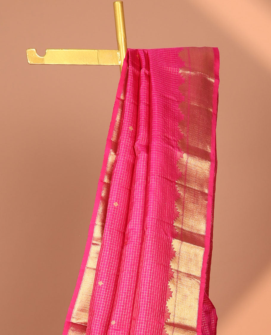 Pink checked with floral buttas kancheepuram silk saree, self traditional zari design border & intricate jaal zari pallu