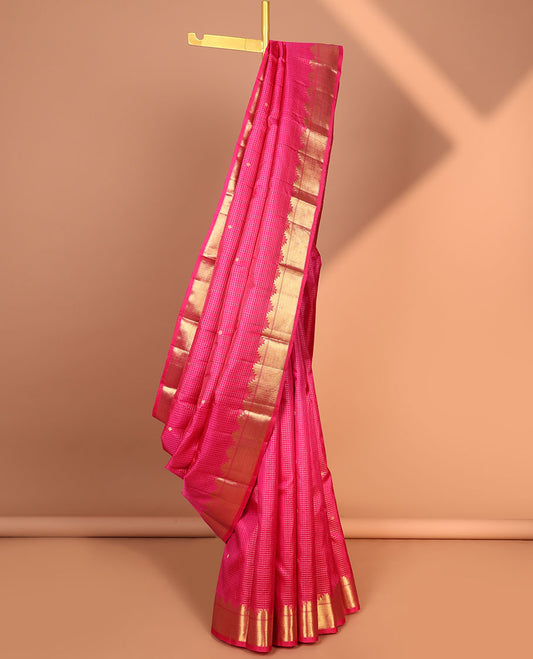 Pink checked with floral buttas kancheepuram silk saree, self traditional zari design border & intricate jaal zari pallu