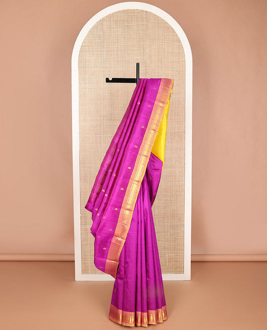 Pink paisley design kancheepuram silk saree with contrast rekku, banaras, checked design & floral design pallu