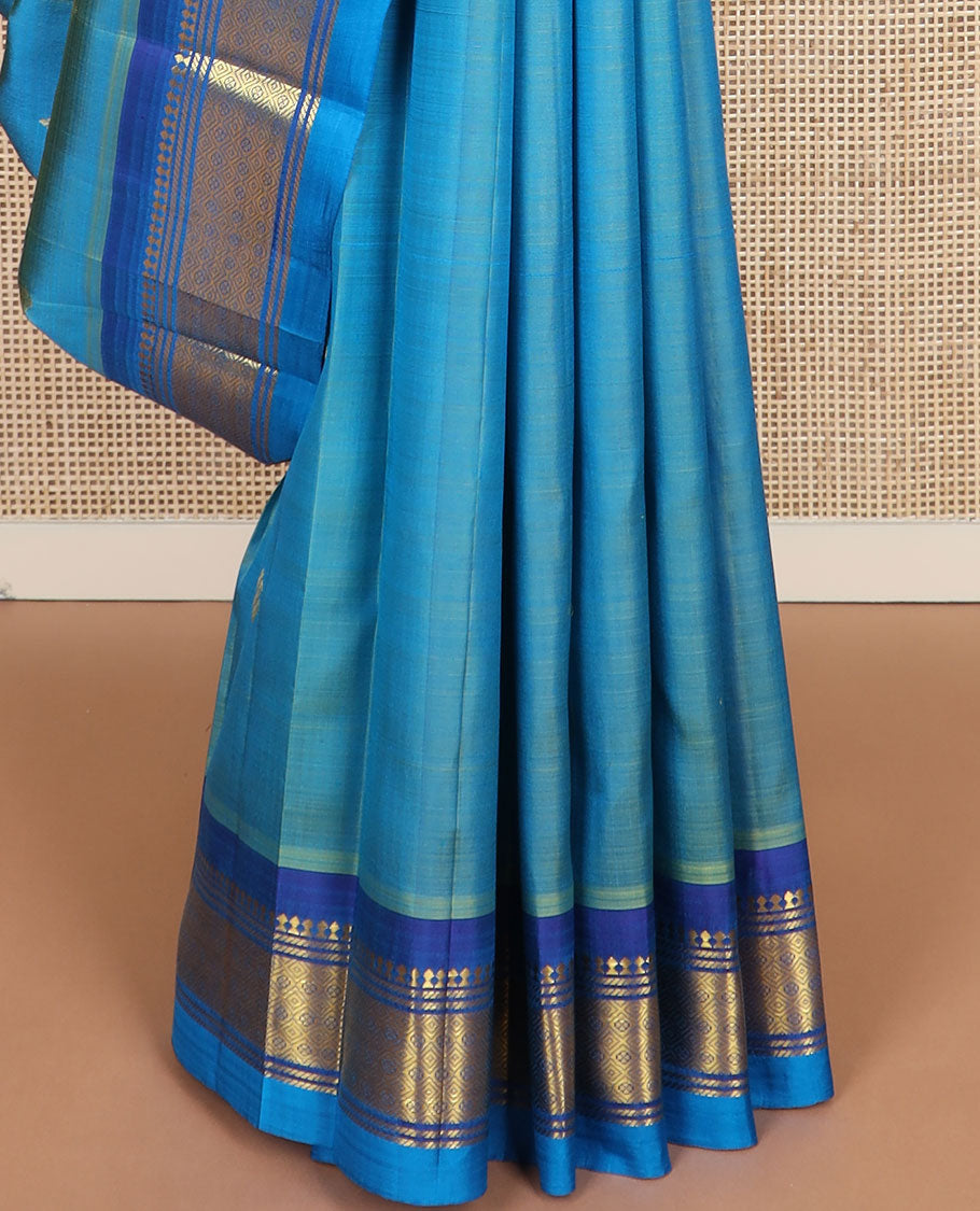 Blue zari buttas kanchipuram silk saree, contrast one-sided border of paneer sombu,banaras & jaal design & zari design pallu