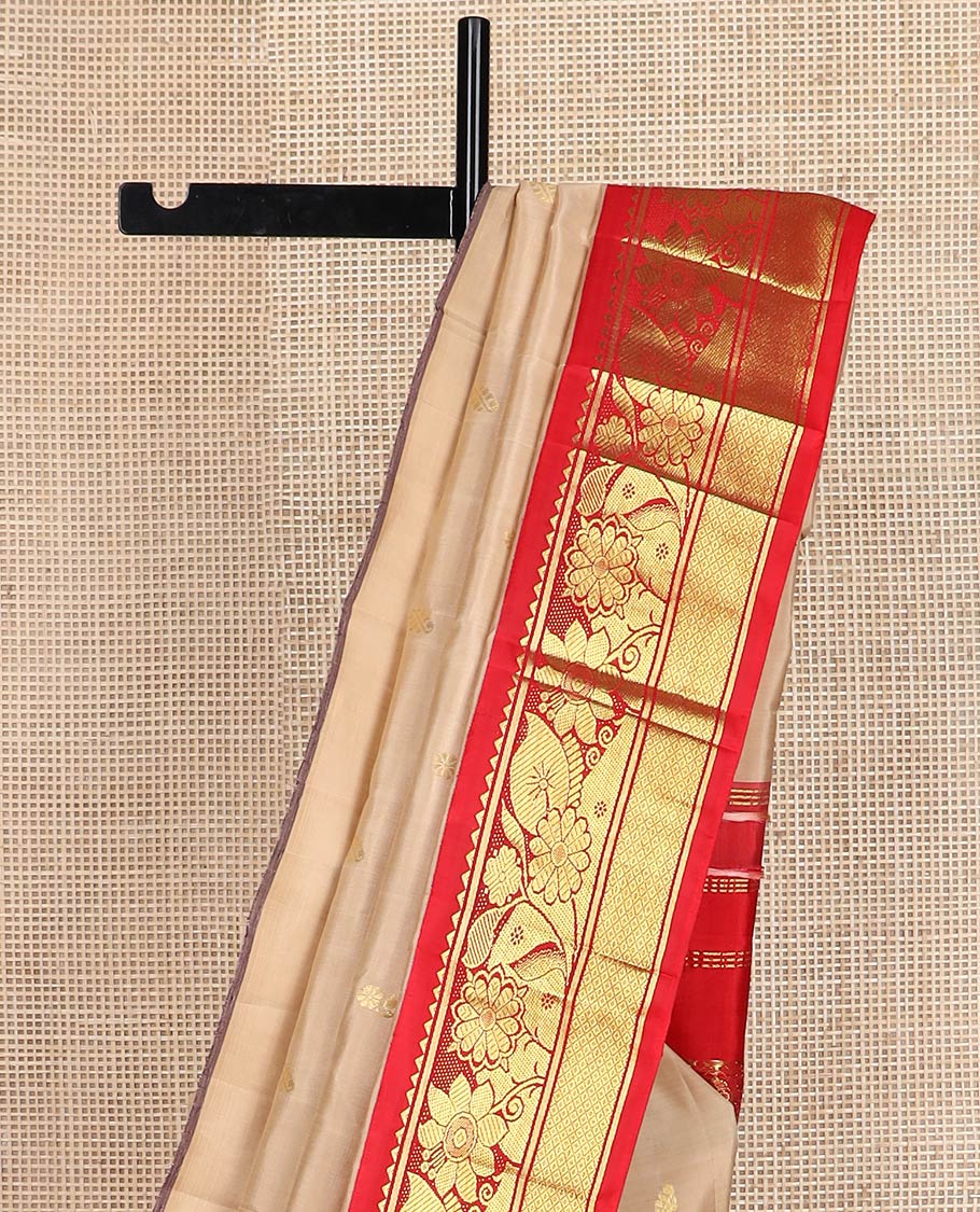 Sandal zari buttas kanchipuram silk saree, contrast one-sided korvai border of rekku,kamalam & mayil kann & floral-manga pallu