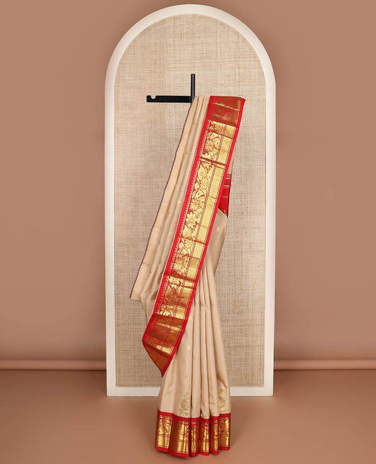 Sandal zari buttas kanchipuram silk saree, contrast one-sided korvai border of rekku,kamalam & mayil kann & floral-manga pallu