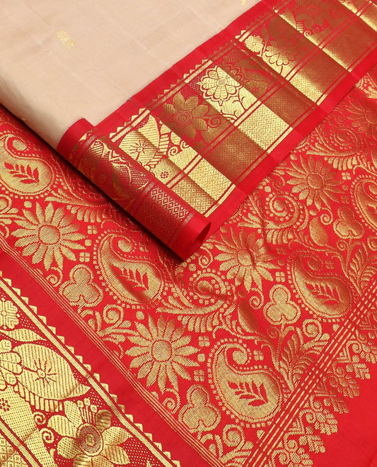 Sandal zari buttas kanchipuram silk saree, contrast one-sided korvai border of rekku,kamalam & mayil kann & floral-manga pallu