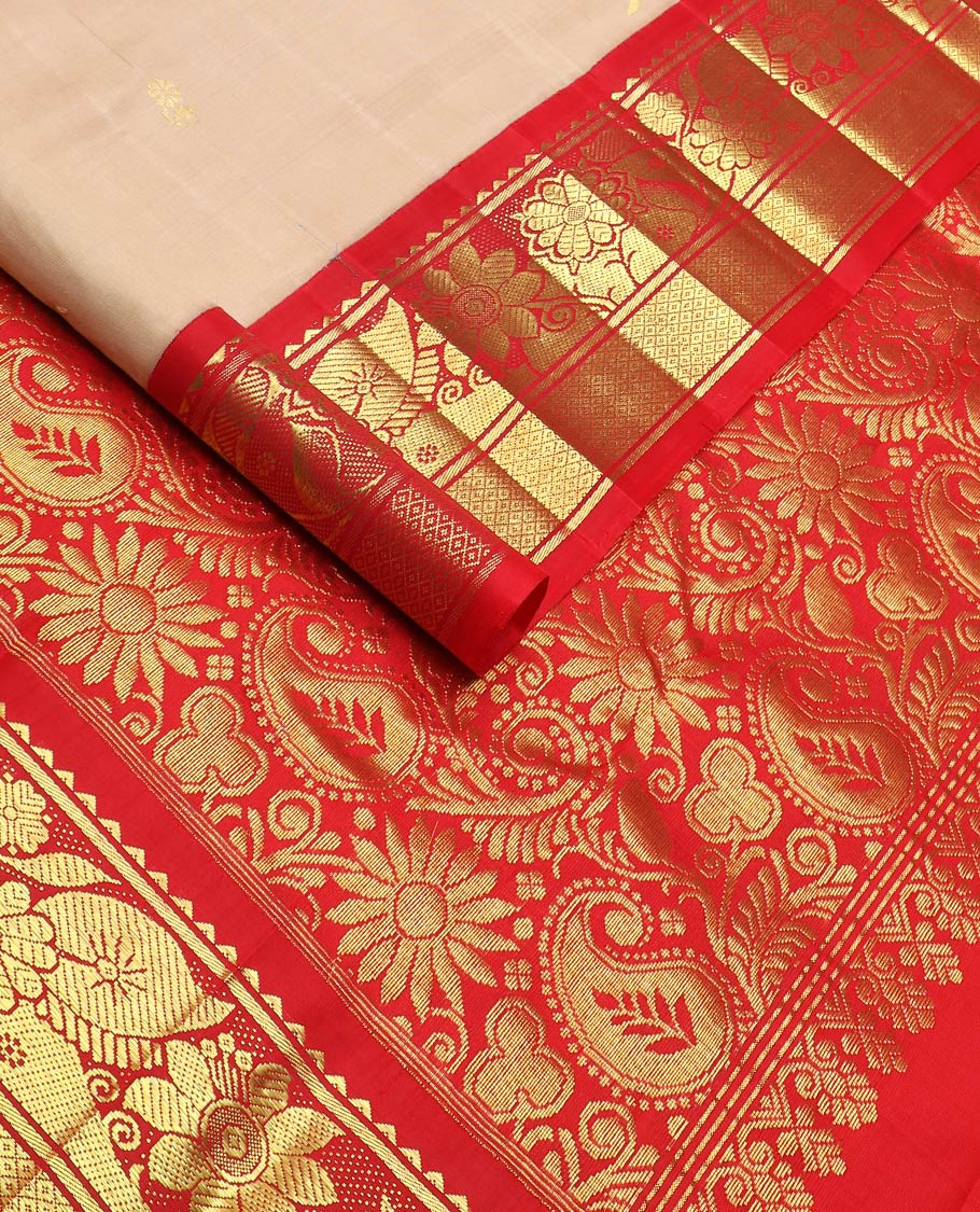 Sandal zari buttas kanchipuram silk saree, contrast one-sided korvai border of rekku,kamalam & mayil kann & floral-manga pallu
