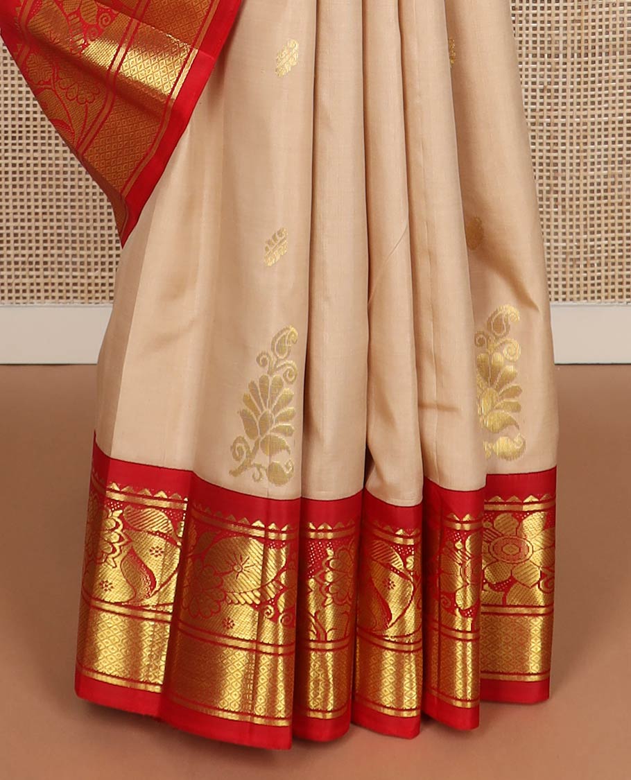 Sandal zari buttas kanchipuram silk saree, contrast one-sided korvai border of rekku,kamalam & mayil kann & floral-manga pallu