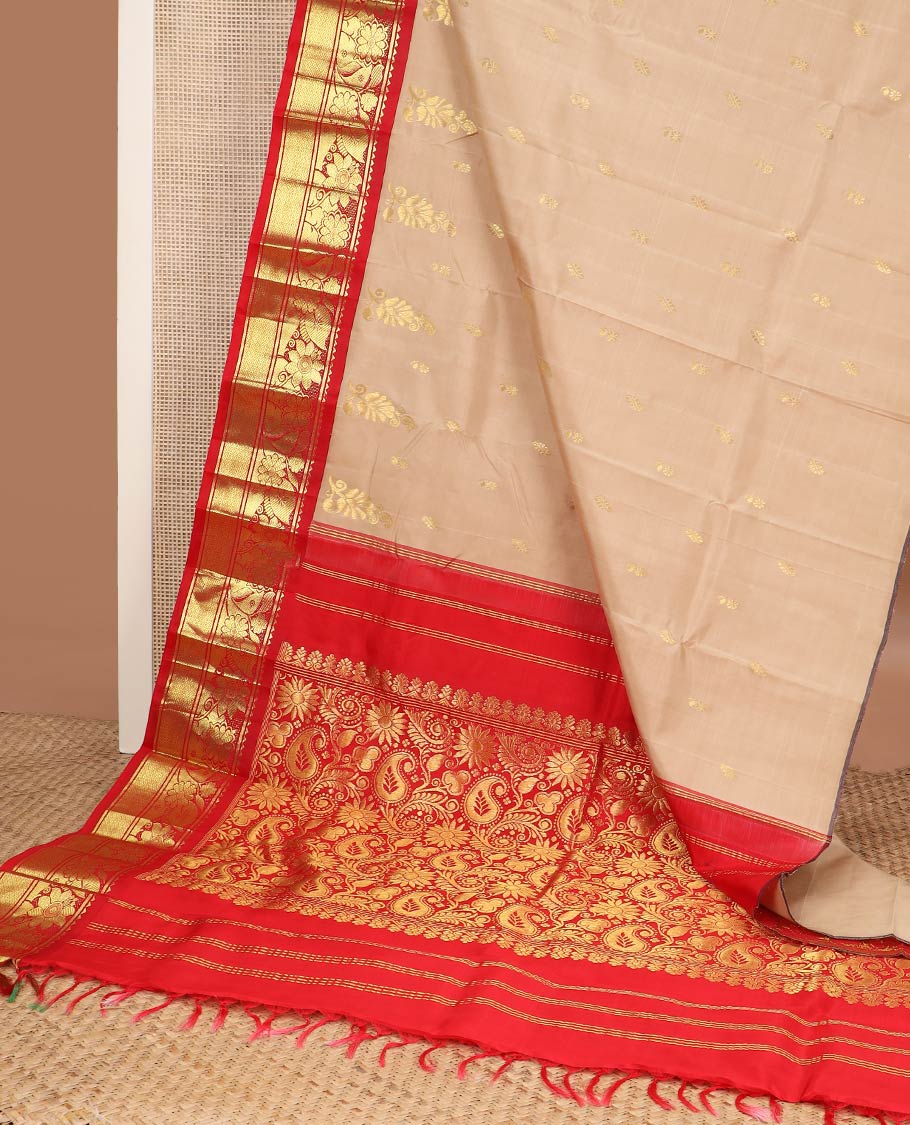 Sandal zari buttas kanchipuram silk saree, contrast one-sided korvai border of rekku,kamalam & mayil kann & floral-manga pallu