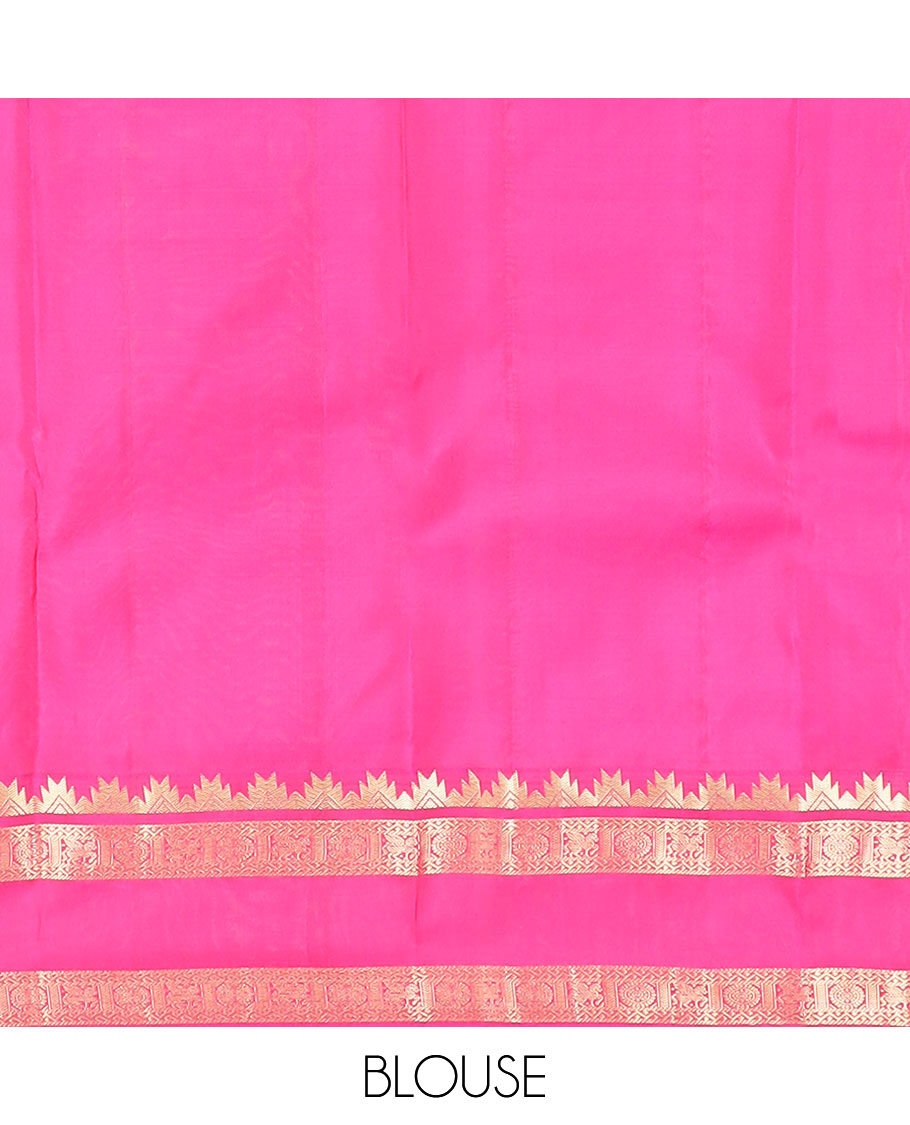 Yellow plain Kanchipuram silk saree, contrast rettai pettu border of thazampoo rekku, neli, chakram & kuthirai & jaal pallu
