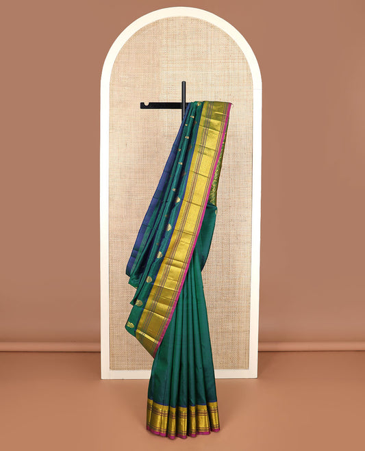 Green zari buttas Kanchipuram silk saree, contrast border of panner sombu, banaras, muthu & jaal design & kodi visiry pallu