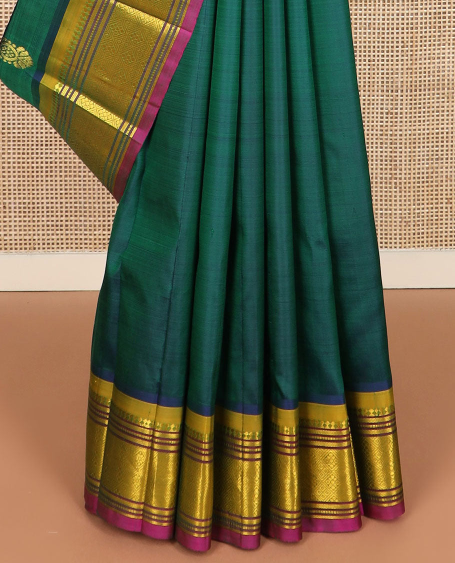 Green zari buttas Kanchipuram silk saree, contrast border of panner sombu, banaras, muthu & jaal design & kodi visiry pallu