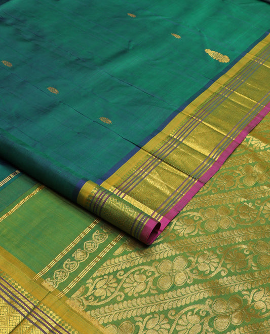 Green zari buttas Kanchipuram silk saree, contrast border of panner sombu, banaras, muthu & jaal design & kodi visiry pallu