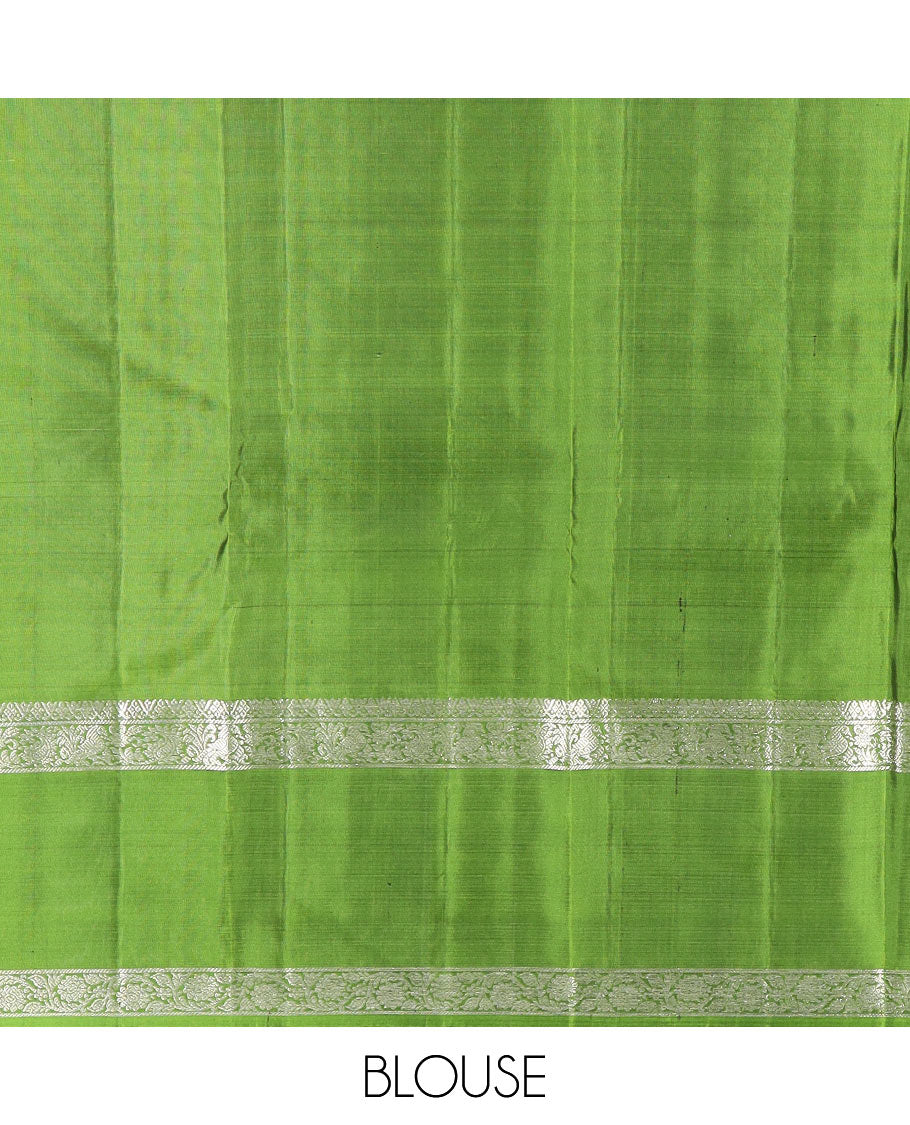 Orange annam chakram buttas Kanchipuram silk saree, contrast rettai pettu border of mayil, and kodi visiry designs, and jaal pallu