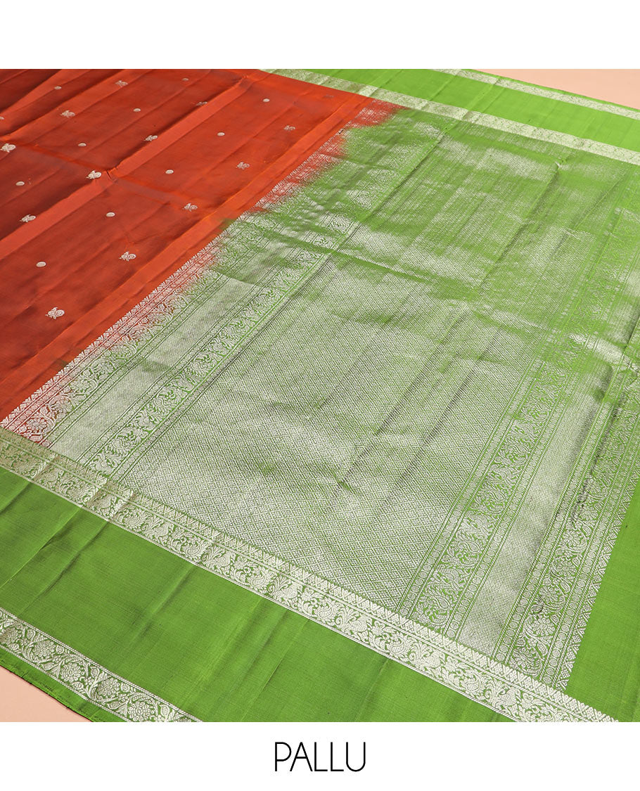 Orange annam chakram buttas Kanchipuram silk saree, contrast rettai pettu border of mayil, and kodi visiry designs, and jaal pallu