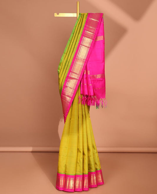 Green leaf buttas kancheepuram silk saree with contrast border of thilakam mooku, banaras, muthu, jaal design & zari design pallu