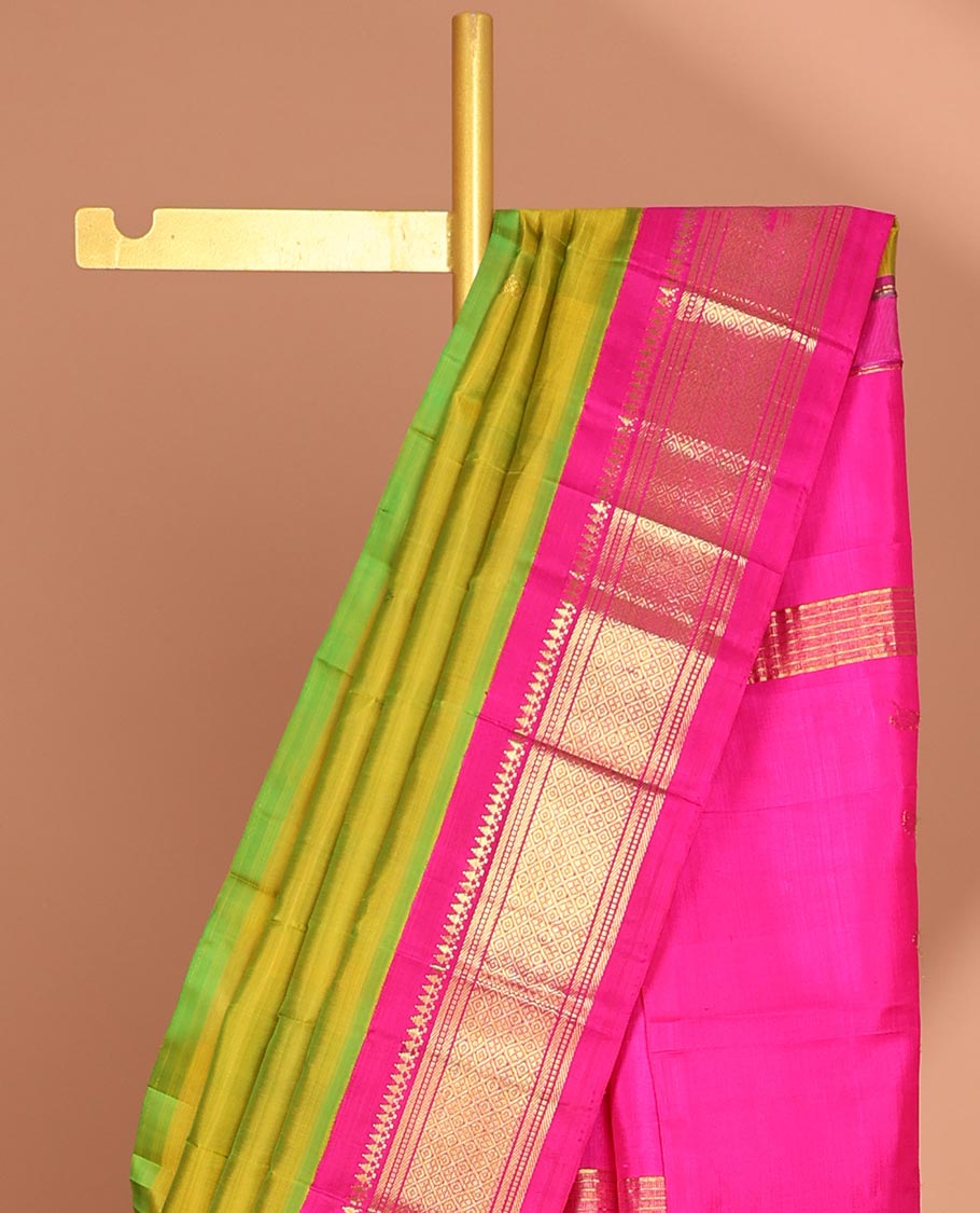 Green leaf buttas kancheepuram silk saree with contrast border of thilakam mooku, banaras, muthu, jaal design & zari design pallu