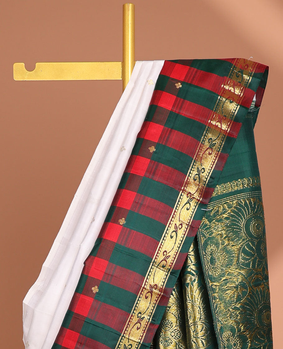 Cream floral buttas kancheepuram silk saree with contrast checked, floral border & intricate zari design pallu