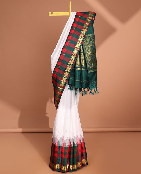 Cream floral buttas kancheepuram silk saree with contrast checked, floral border & intricate zari design pallu