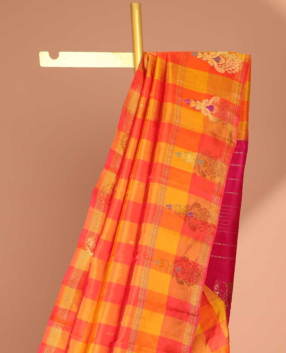 Multi-color checks kancheepuram silk saree with self floral border & striped, floral design pallu