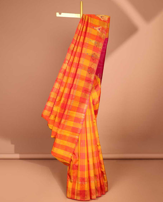 Multi-color checks kancheepuram silk saree with self floral border & striped, floral design pallu