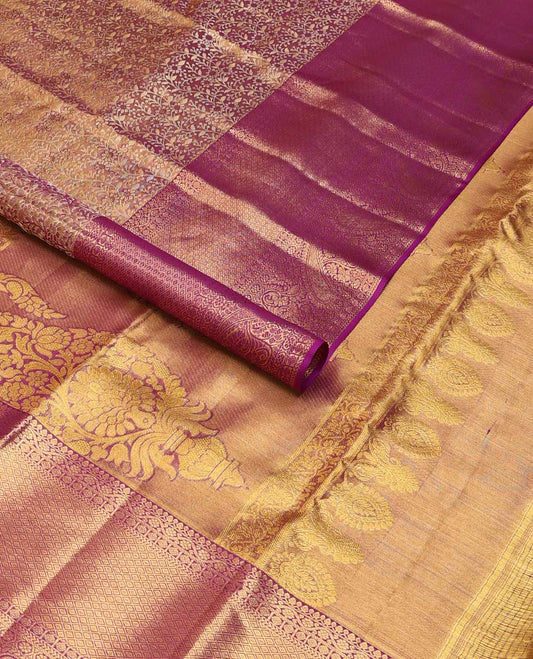 Purple floral jacquard kancheepuram silk saree with contrast border of thilakam mokku, paun, poo chakram, kuyil kann design & floral design pallu