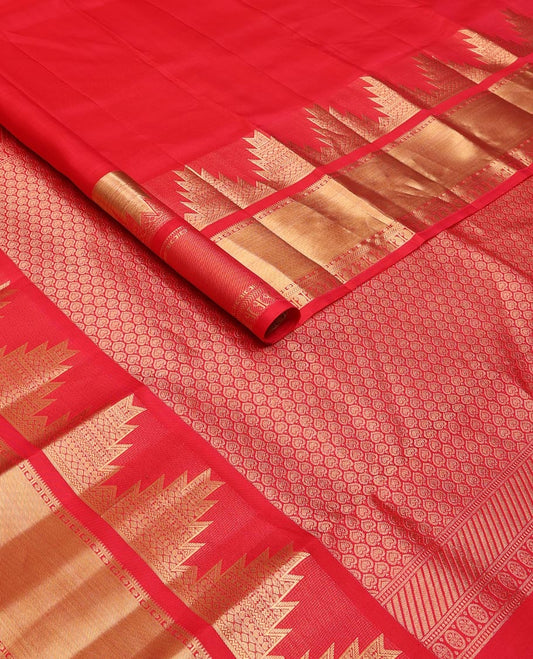 Red plain silk saree, zari border of thazampoo rekku,rudraksham,kathir & manga designs & spade motifs woven pallu