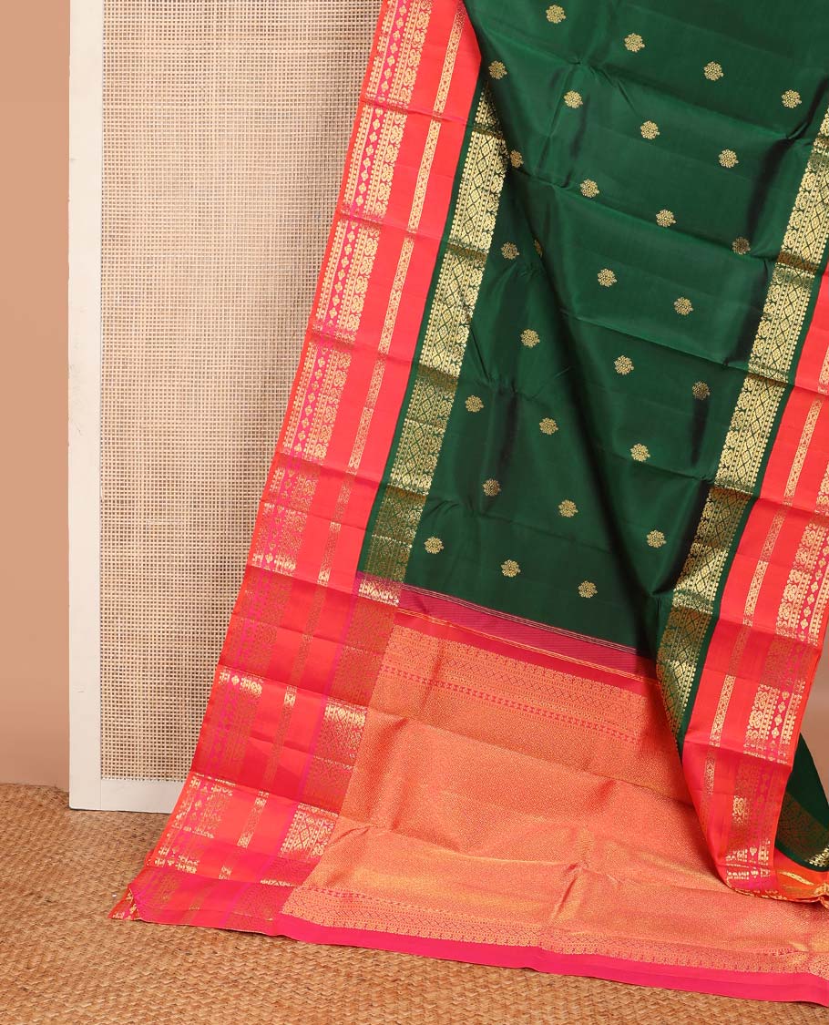 Green zari buttas Kanchipuram korvai silk saree, contrast varisai pettu border of zari designs, and jaal pallu