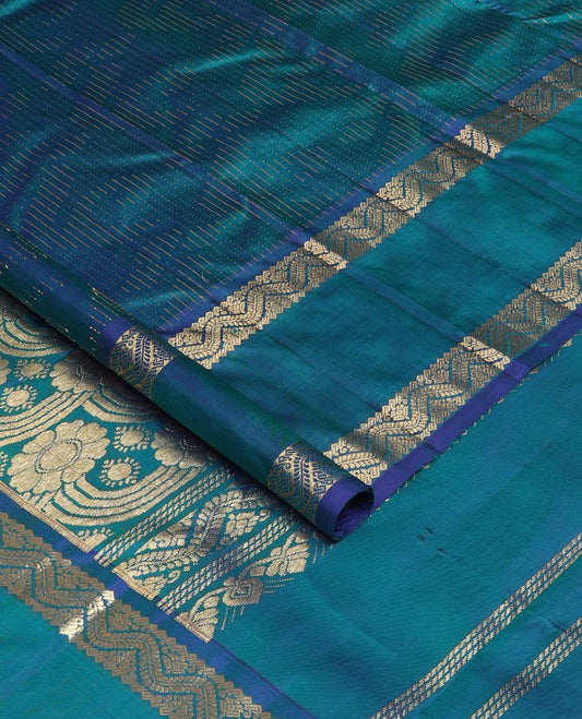 Blue zari design Kanchipuram silk saree, one-sided rettai pettu zari border & floral design pallu