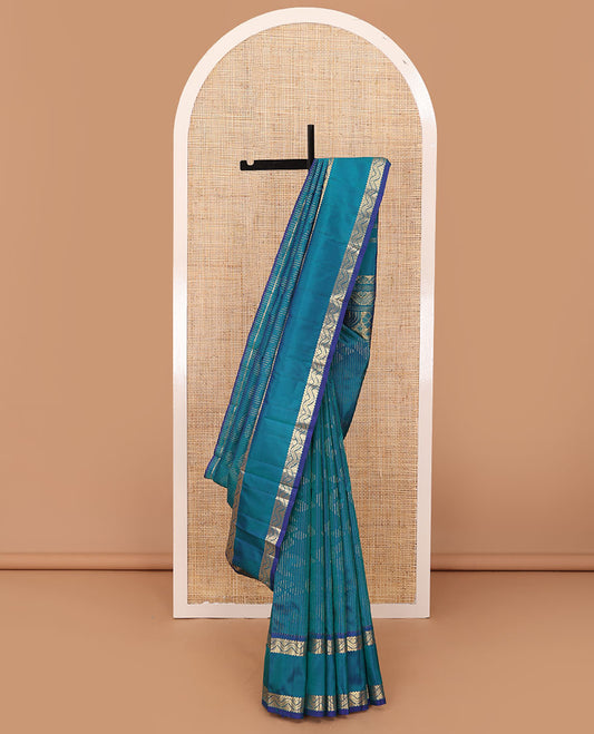 Blue zari design Kanchipuram silk saree, one-sided rettai pettu zari border & floral design pallu
